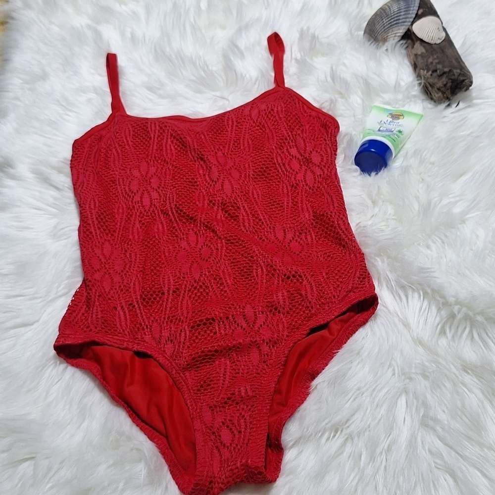 Red 1X lacy 1 piece bathing suit